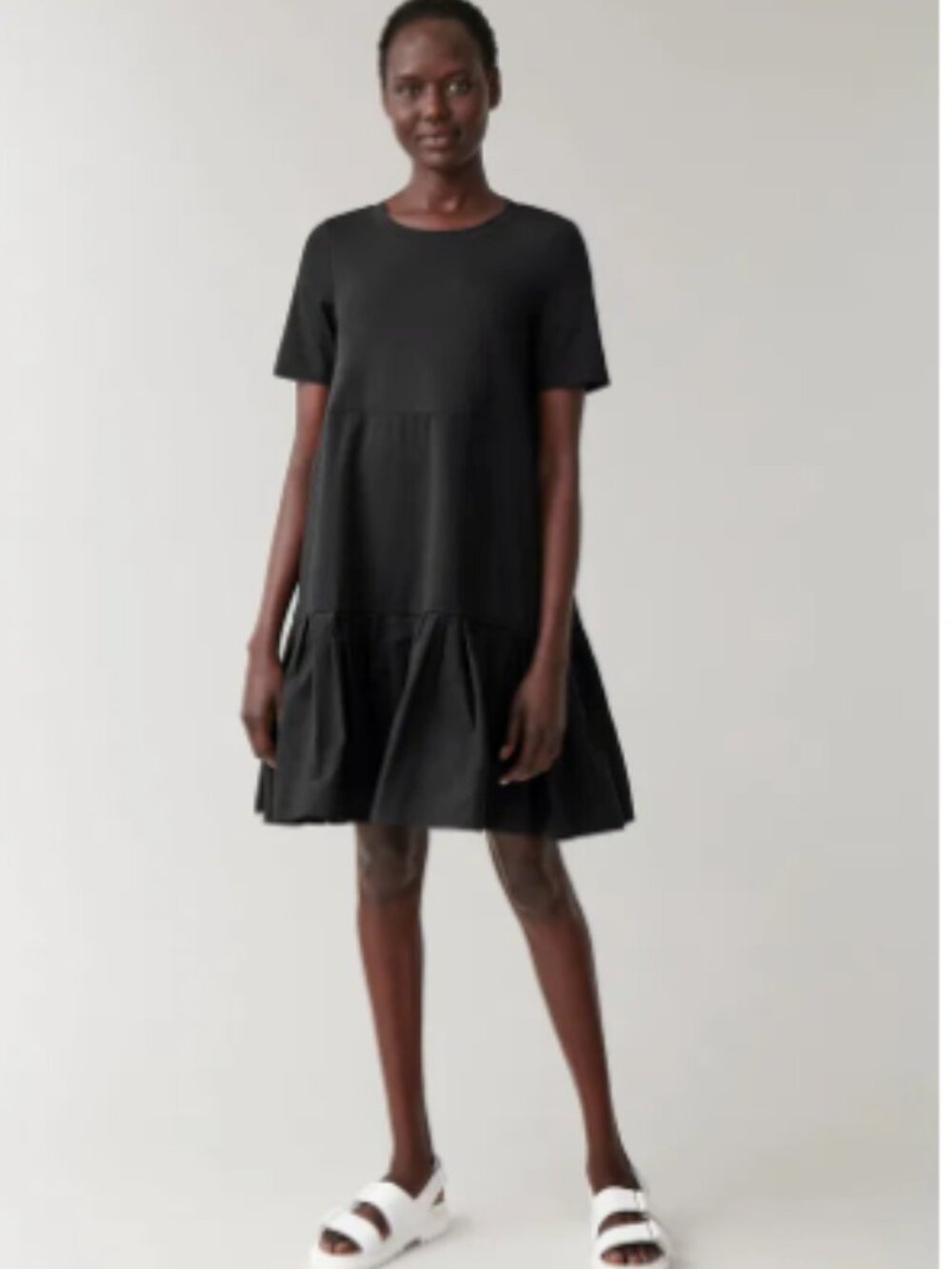 COS Gathered Panel Cotton T-Shirt Dress Women Black XS A-Line Pleated Hem Descr